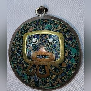 Vintage Sterling Silver and copper Aztec/Mayan motif Pendant (2 Sided )